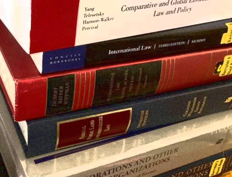 A pile of textbooks on international policy, environmental law, and corporate law.