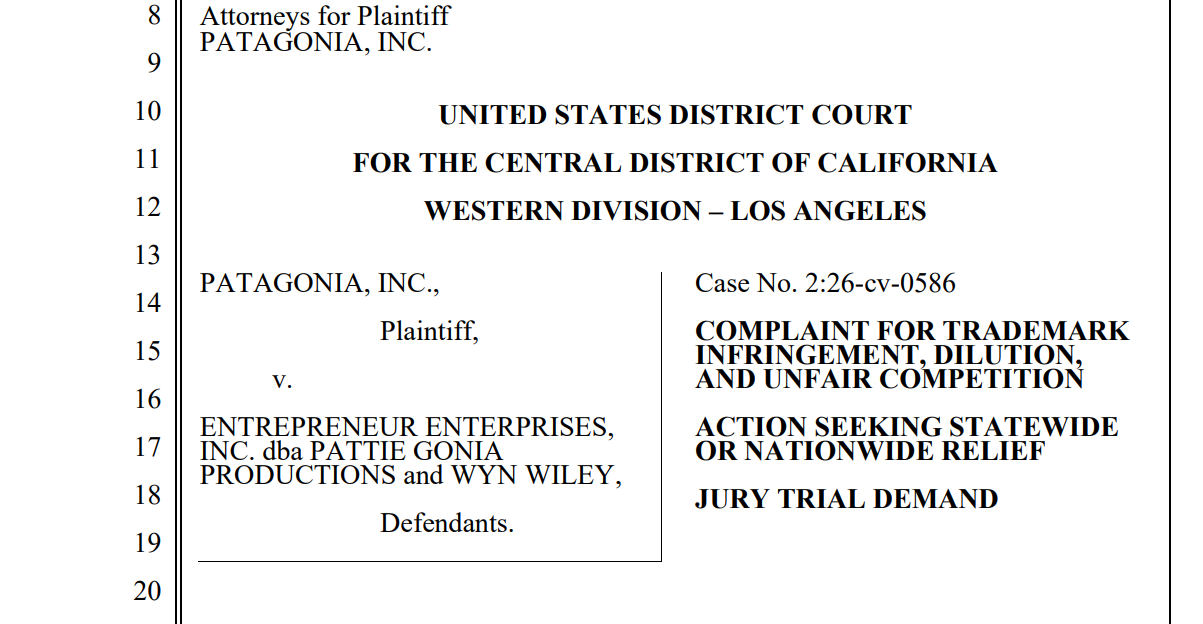 First page of Patagonia's complaint against Pattie Gonia